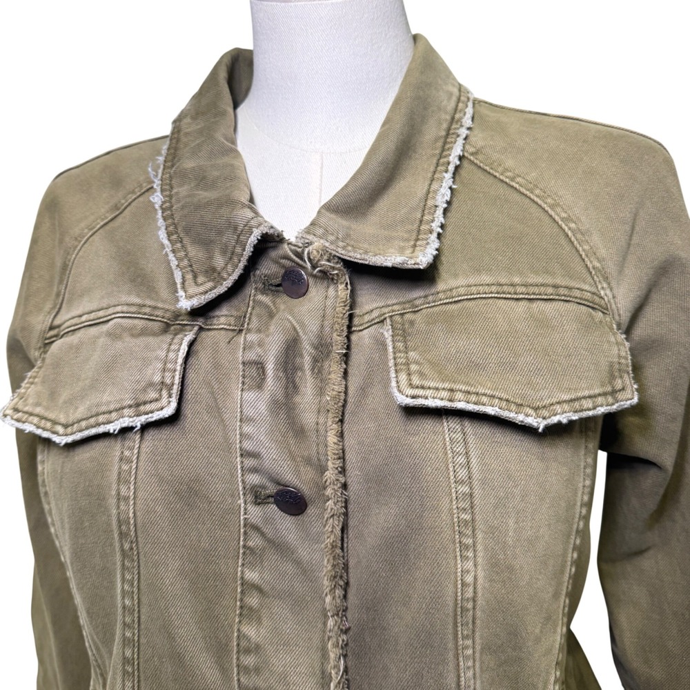 Free People Olive Green Peplum Military Denim Jacket Lace Up Sleeve Frayed Hem - Picture 2 of 10